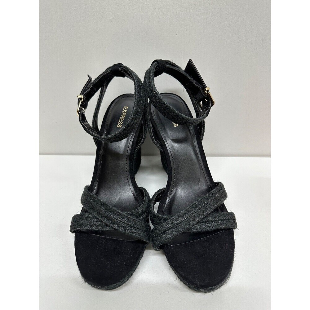 Express women size 9 black rope open toe wedged ankle buckle strap sandals - Picture 10 of 14